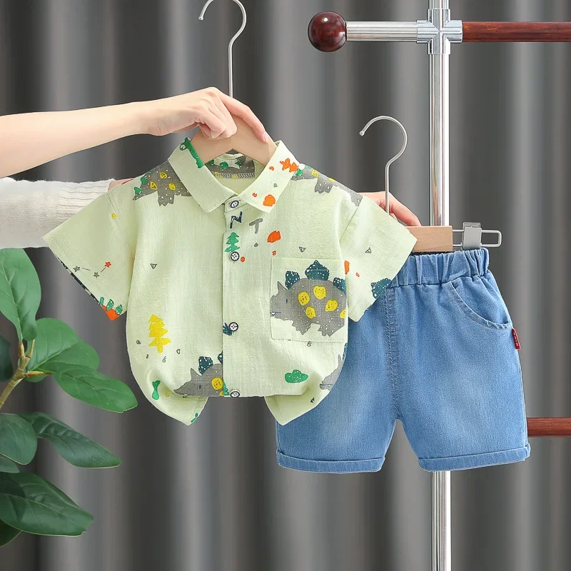 Nueva ropa para bebés, trajes de verano para niños de 9 a 12 meses, camisas y pantalones cortos de manga corta con estampado de dinosaurio bonito, traje para niños