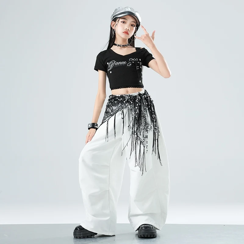 여름 소녀 힙합 의류 재즈 댄스 블랙 자르기 탑 흰색 바지 반팔 Kpop 스트리트웨어 현대 무용 의상 BL15838