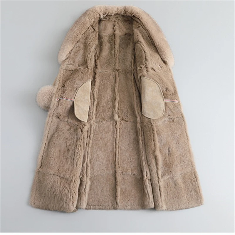 Veste mi-longue pour femme avec col en fourrure de lapin et de renard, manteau chaud, parka mince, luxe, nouveau, 2024, JT450