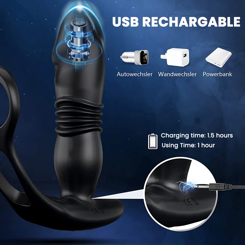 Silicone Anal Vibrator Thrusting Prostate Stimulator Massager Delay Ejaculation Lock Ring Anal Butt Plug Sex Toys Dildos for Men