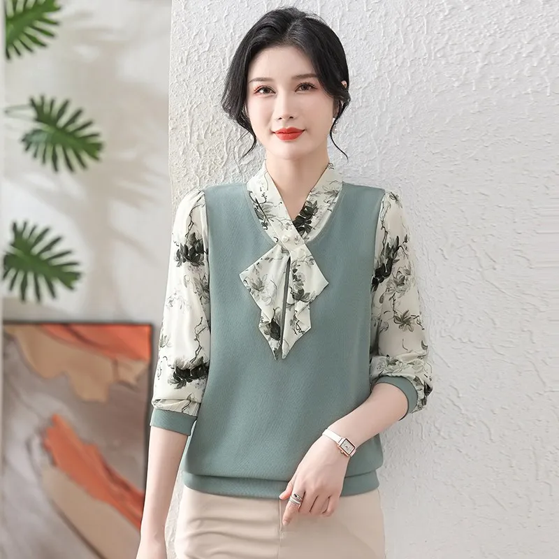 Women Floral Big Size Clothing Spring Summer Splice Bow Ribbon Neck Long Sleeve T-Shirt Printing Pullover Loose Casual Tops