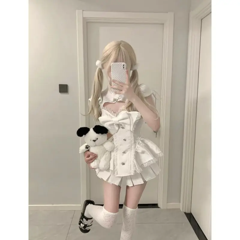 

Ballet Style Heart Button Hollow Lace Large Bow Short Sleeved Top Pleated Skirts Two Piece Sets Womens Outifits Summer Shirt