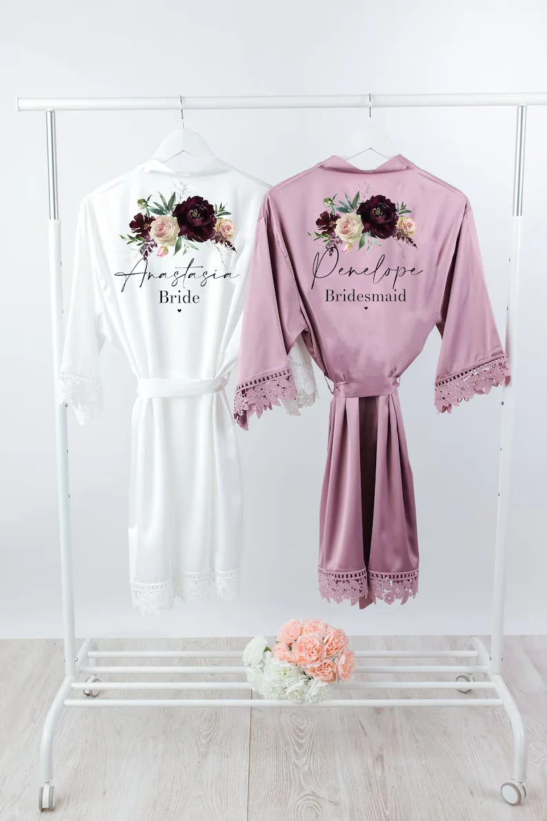 

Purple Floral Wreath Bridesmaid Robes Bride Gift Personalized Satin Lace Robe Bride Dressing Gown Bridal Party Wedding Robe