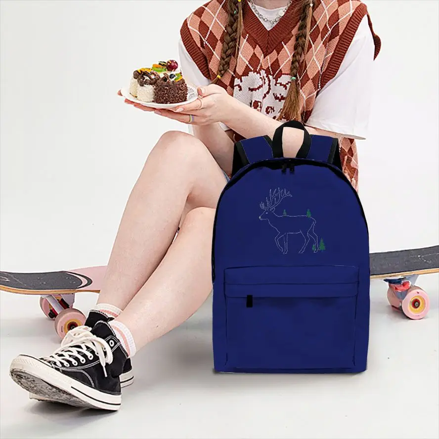 1pc A simple blue backpack with a moose printed on it, Fashionable and Simple, Unisex, Large Capacity, High-Quality Gift