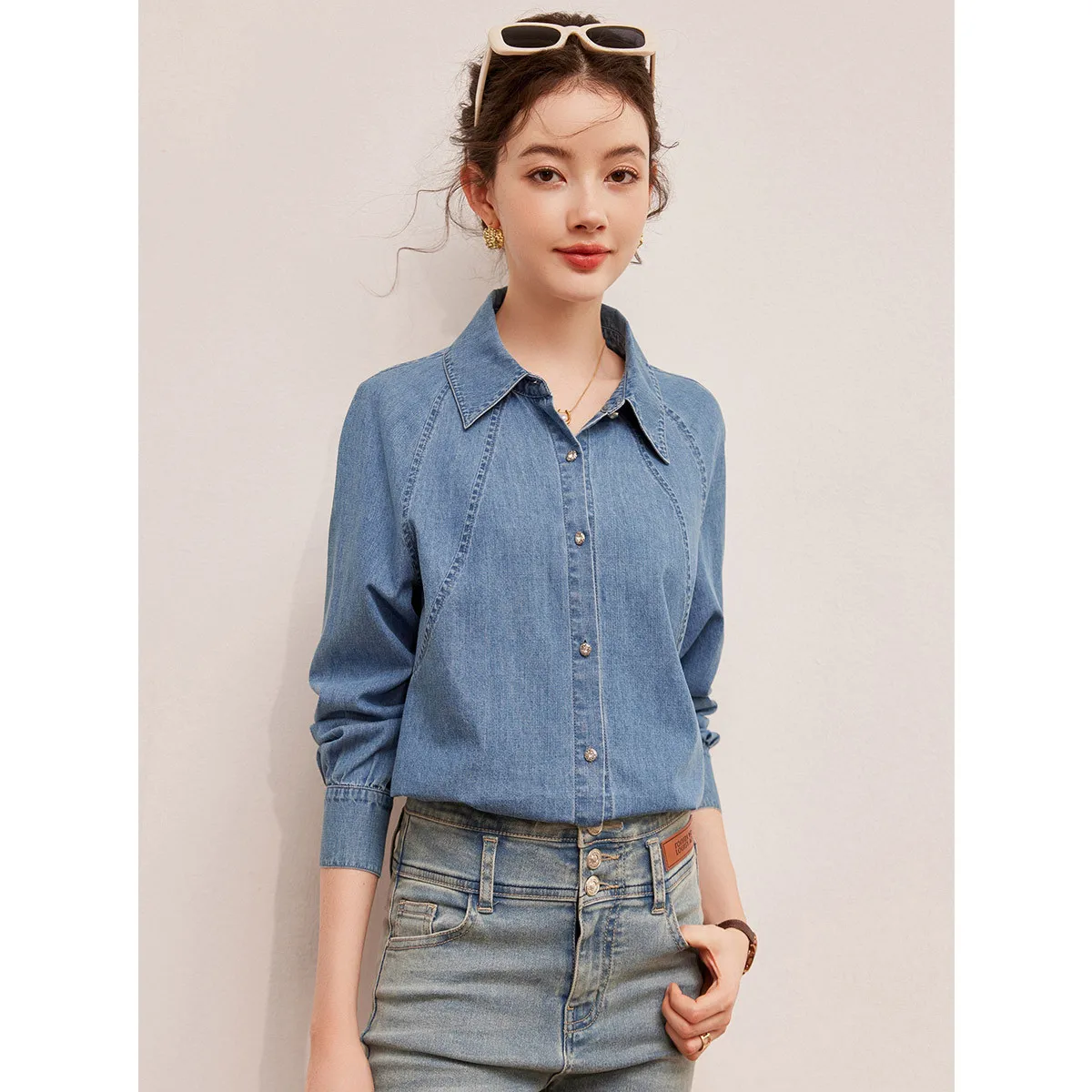 LOUIS YAO New Design Sense Deconstructed Lines Denim Shirt Spring Fashion Lapel Shoulder Sleeve Non-stretch Women's Blouses