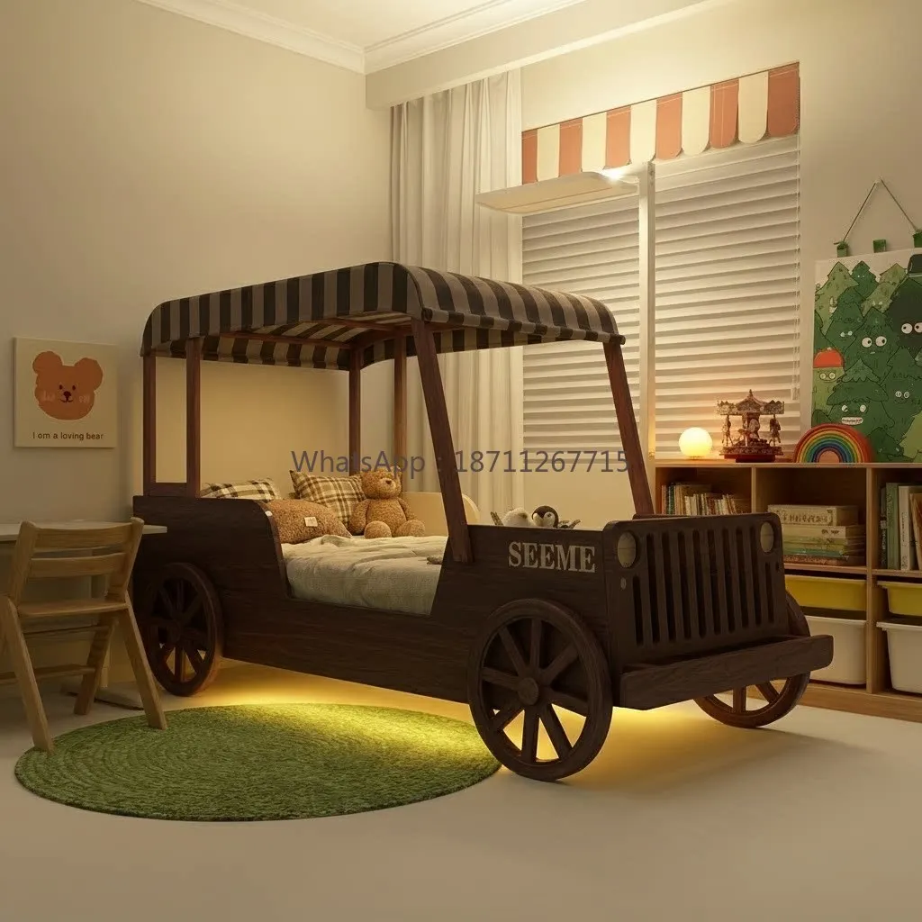 Car bed for boys with guardrail, tent bed for boys' room, small apartment
