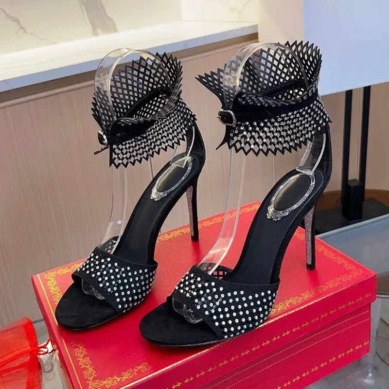 Sandals Mesh Hollow Outs Design Thin High Heels Women Bling Rhinestone Decor Gladiator Sandalias Mujer Summer Party Dress Shoes