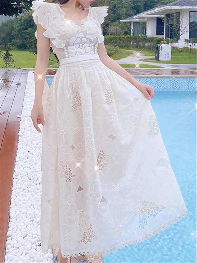 Beach Summer Boho Embroidery Lace 2023 Backless Party Sundress Women Dresses Woman Vintage Runway Dress Sleeveless Sexy Vestido