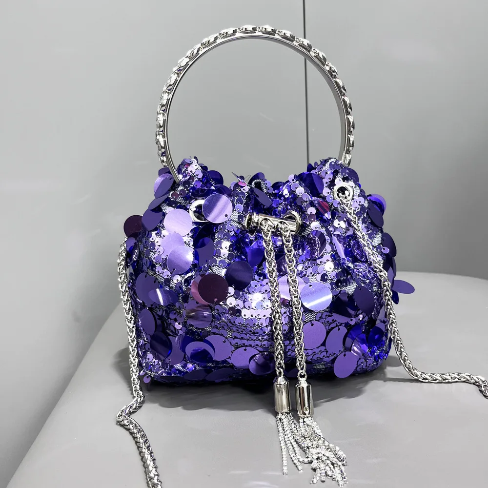 Women Purple Sequin Drawstring Bucket Evening Bag, Elegant Circular Rhinestone Handle Handbag With Tassel Chain Mature Ladies