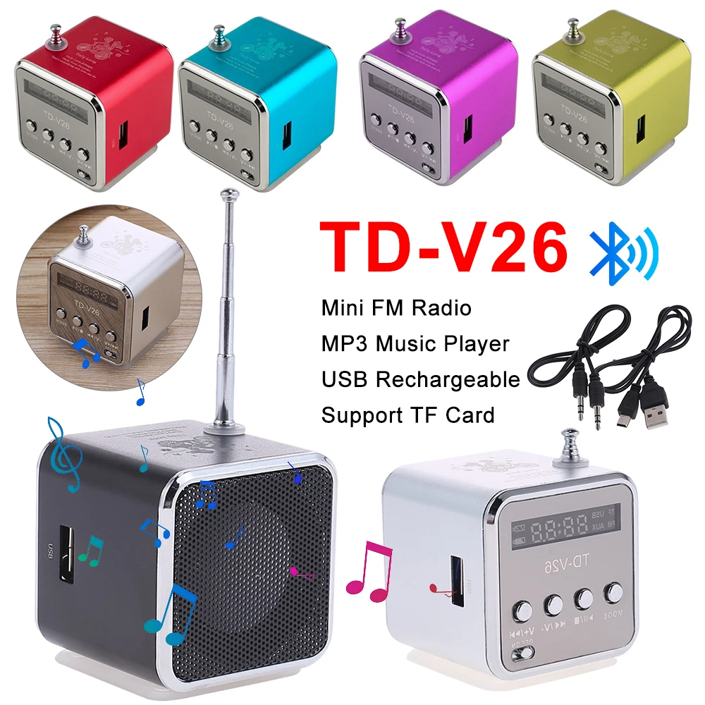 Rechargeable Mini FM Radio TD-V26 Portable Radio AUX Stereo MP3 Music Player Bluetooth Built-in Speaker Support Micro TF Card