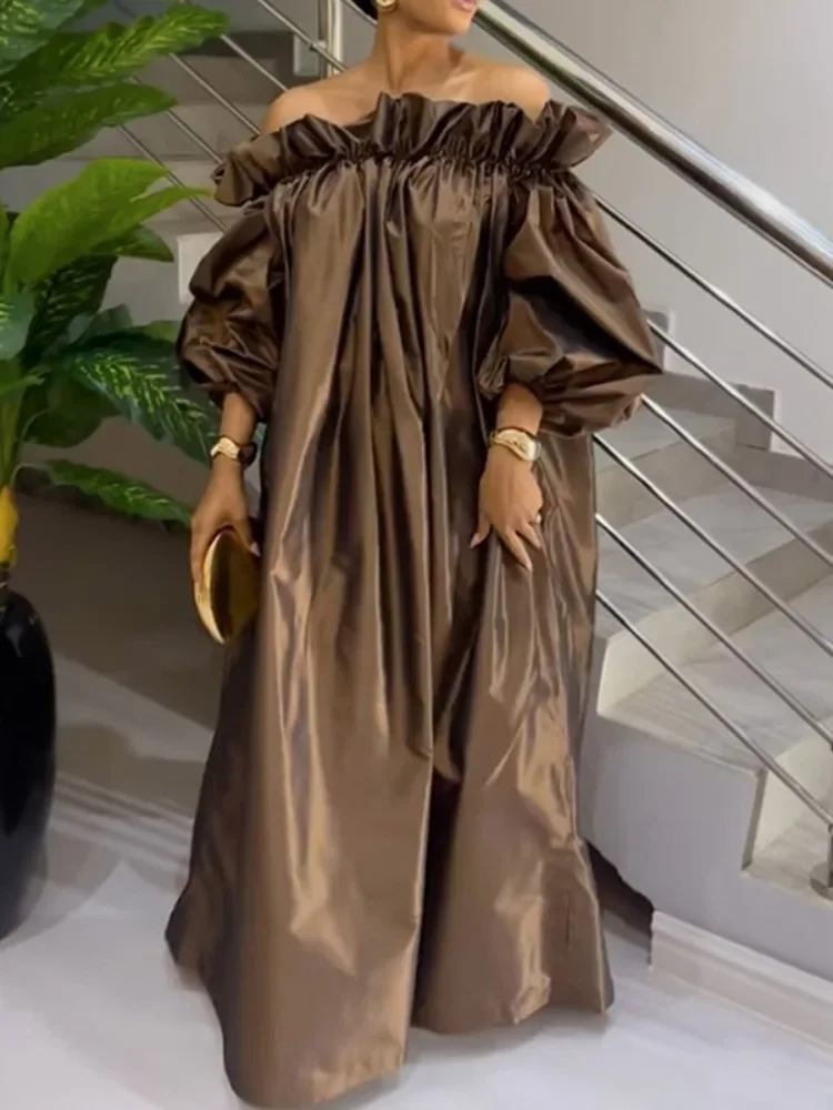 

2026 New Spring Women Fashion Falbala Party Evening Maxi Dresses Puff Sleeve Off-The-Shoulder Loose Pleated Long Dress