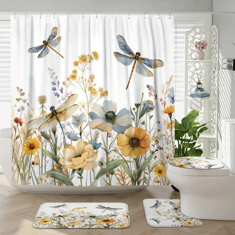 1/4pcs flower dragonfly yellow blue green shower curtain sets cottagecore rustic bathroom decor polyester waterproof machine was