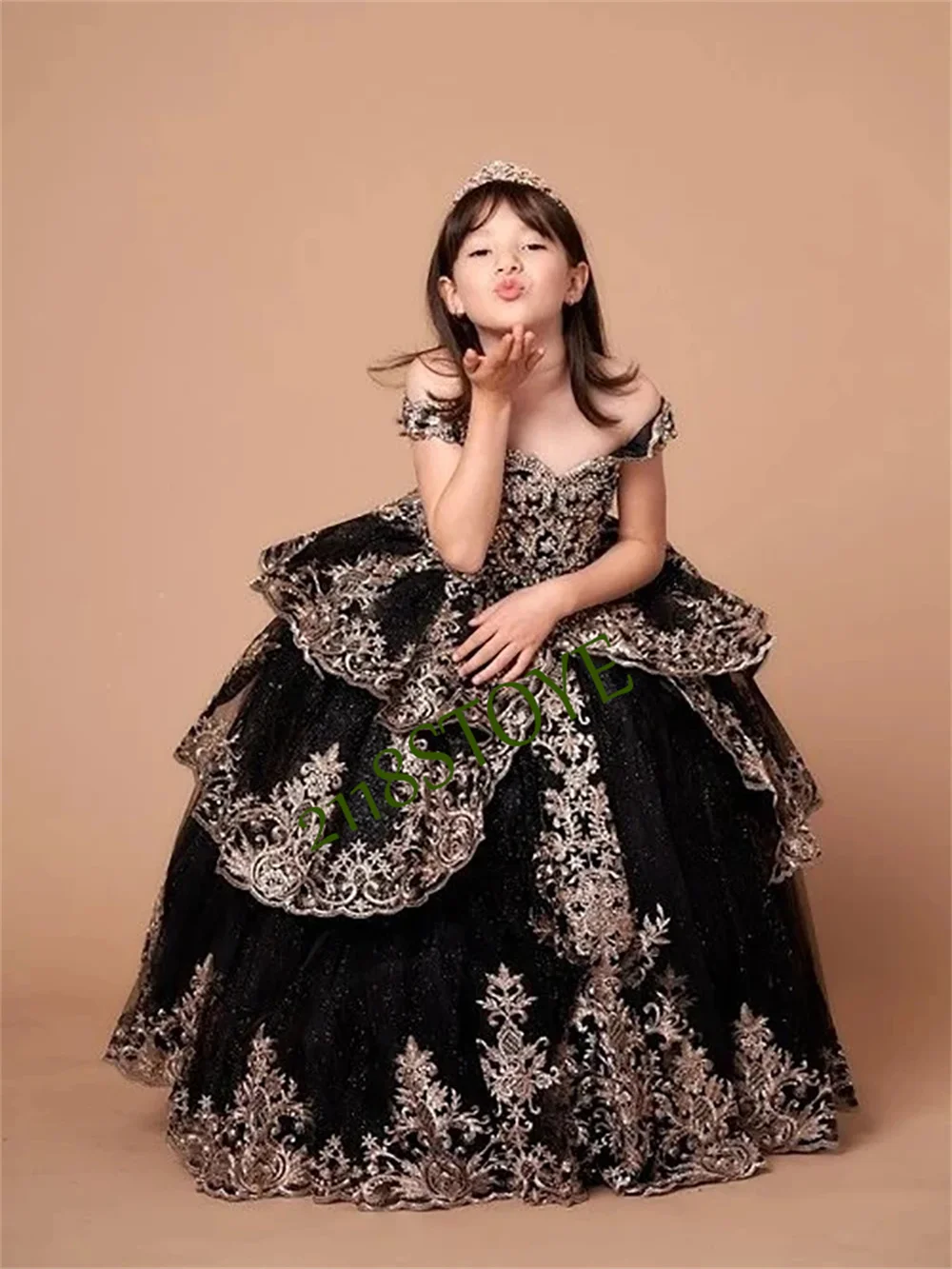 

Black Cute Tulle Appliques Flower Princess Ball Gown Girl Dress First Communion Prom Costumes Dresses Flower