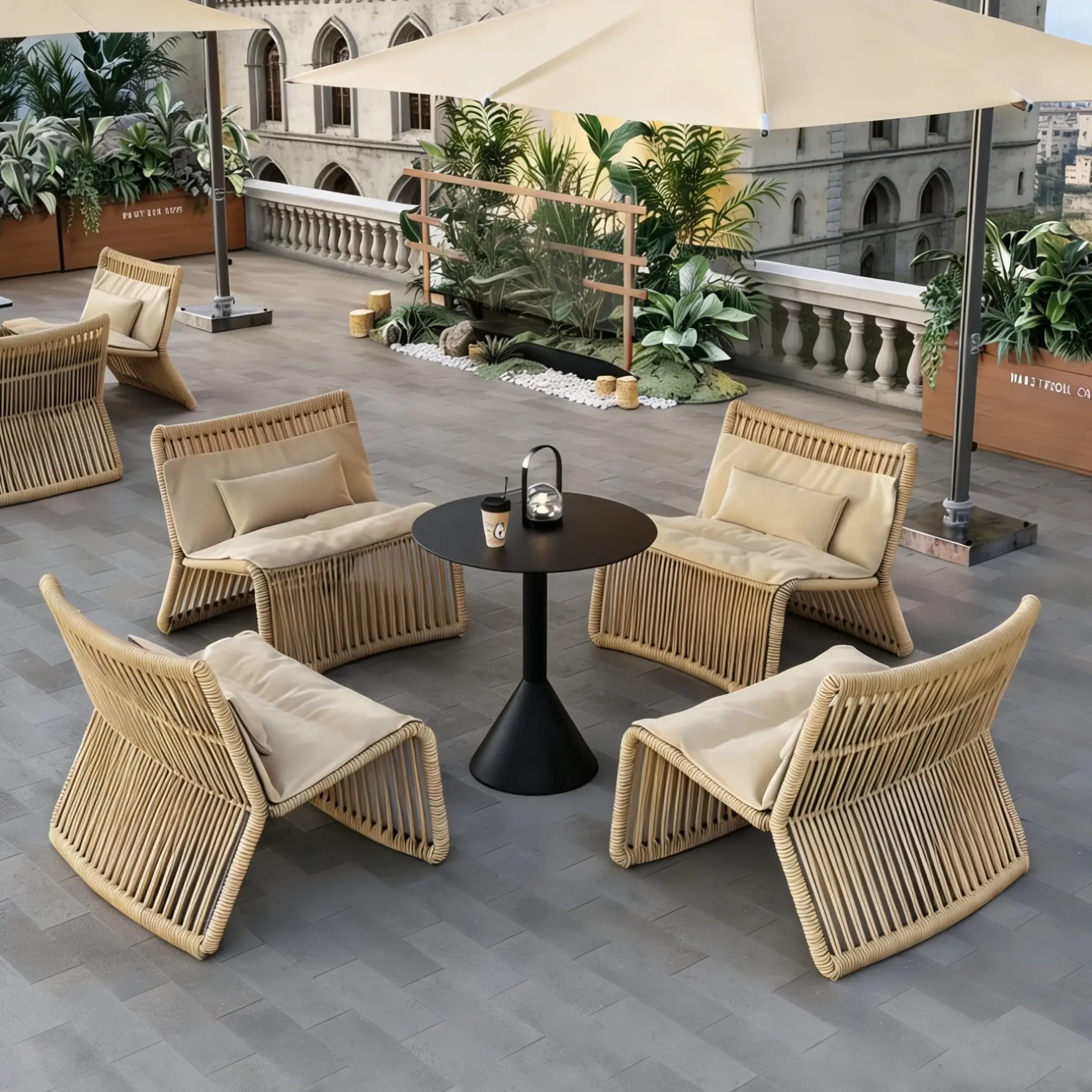 PYH Outdoor Sofa Leisure Courtyard Balcony Open-air Garden Cafe B & B Outside Rattan Sofa Anti-sun