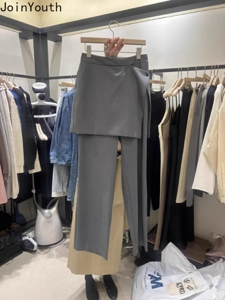 Korean Fake Two Wide Leg Pants Women 2024 New Bottoms High Waist Straight Trousers Solid Color Fashion Summer Pantalon Femme