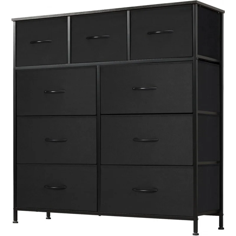 

Dresser for Bedroom, Storage Organizer 9 , Chest of Drawers with Fabric Bins, Sturdy Metal Frame, Wood Tableto
