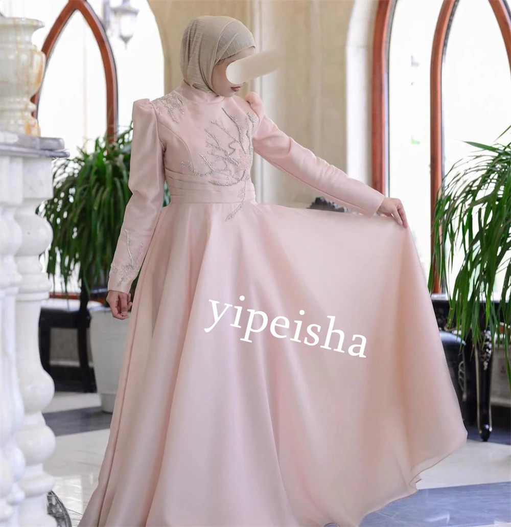 Jiayigong Chiffon Perline Serata formale A-line Collo alto Abito da occasione su misura Abiti midi Arabia Saudita