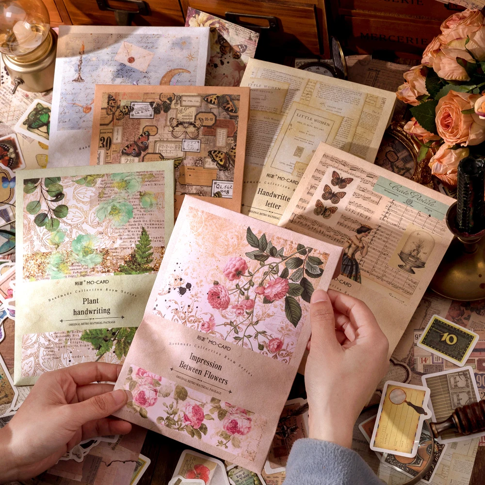 100 Pieces/Pack Material Stickers Set Handmade Boxroom Vintage Journal Envelope Collage Decorative Plant Butterfly