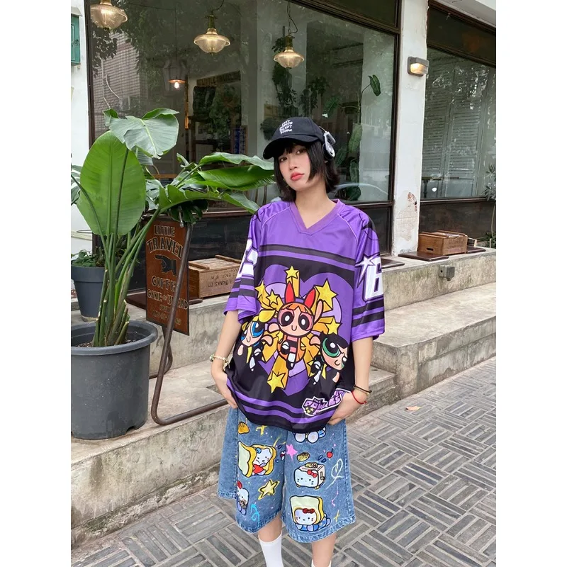 

American street sweet cool cartoon purple print V-neck baseball jersey T-shirt top summer new quick dry