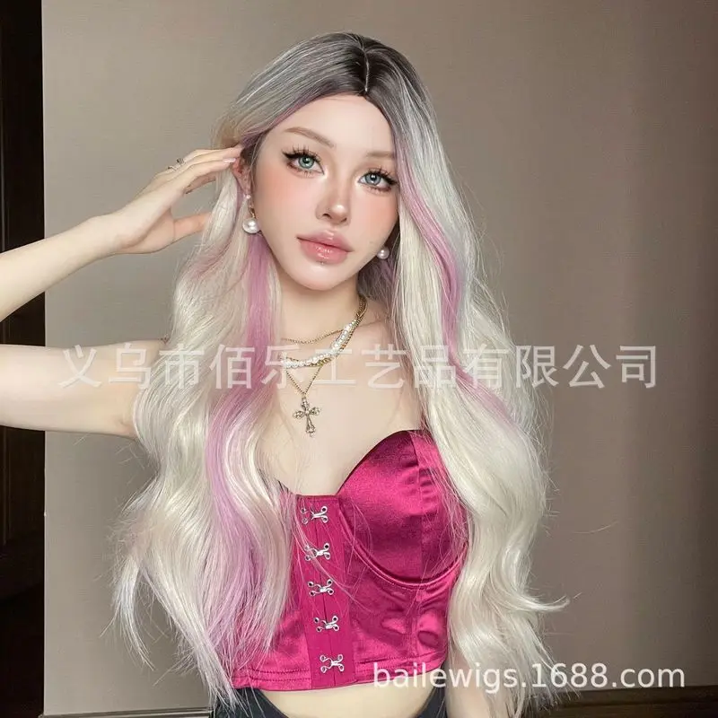 Gradient gold highlights pink synthetic wig, full headpiece, middle-parted long curly hair for women