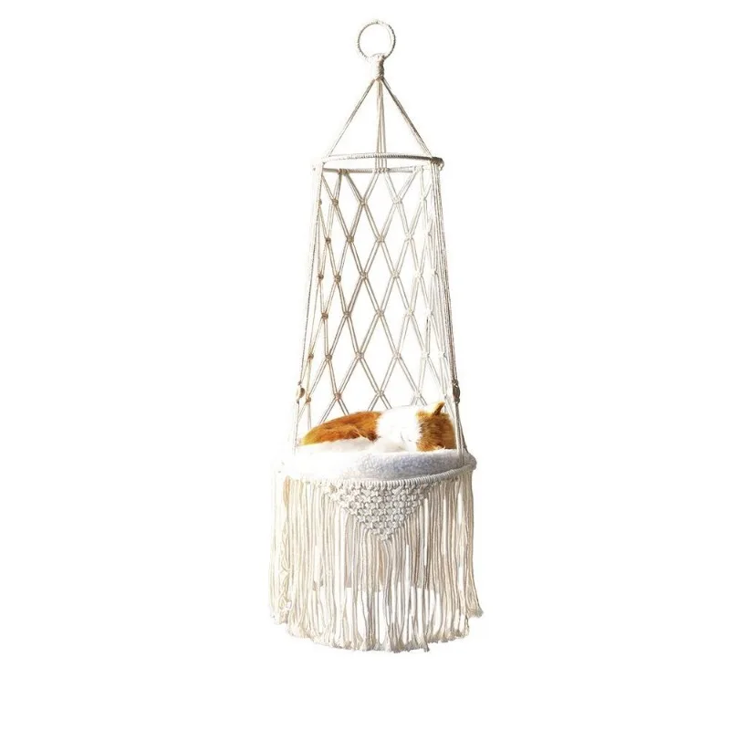 E2 Boho Macrame Hanging Pet Bed Cat Dog Swing Cotton Rope Long Tassel Basket Fringe Hand Woven Indoor Cat Hammock Nest Mesh Bag