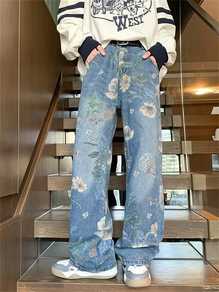 

American Vibe Straight Leg Men's Jeans Floral Print Design High Street Loose Wide Leg Pants Casual Spring Faion Trend