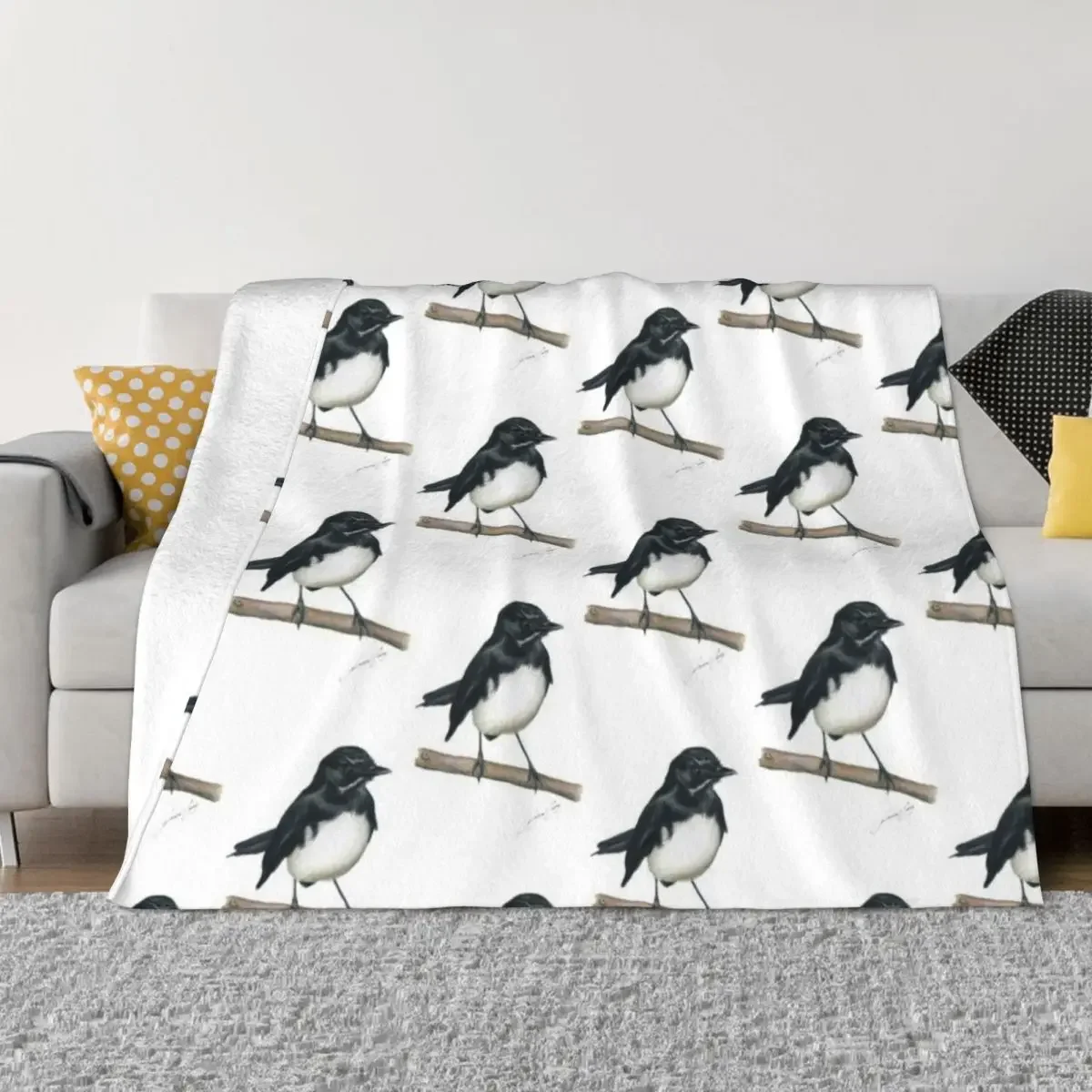 Willie Wagtail bird art with signature. Lovely little black and white bird gifts! Throw Blanket Weighted Blankets