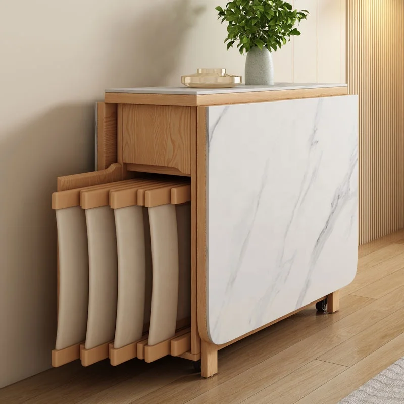 Simple High Quality Extendable Convertible Panel Multifunctional Folding Wooden Square Rotatable Modern 4-Seater Dining Table