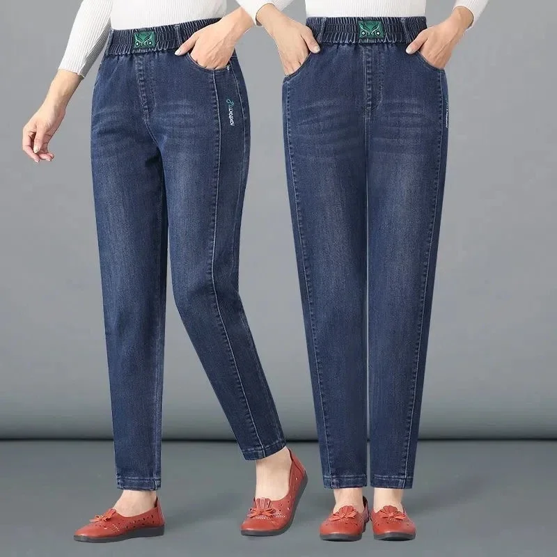 

Mother Jeans Large Size Elastic High Waist Denim Pants Middle Age Women Loose Casual Straight Jeans Pants Female Trousers XT1251