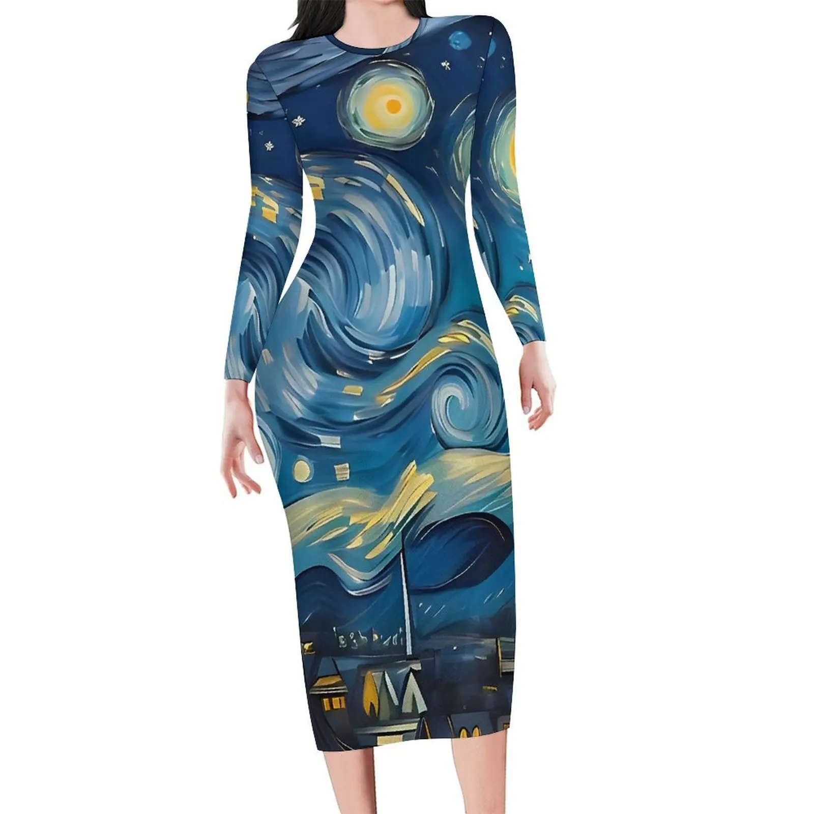 Vincent Van Gogh Starry Night Bodycon Dress Womens  Modern Dresses Autumn Long Sleeve Aesthetic Pattern Dress Big Size