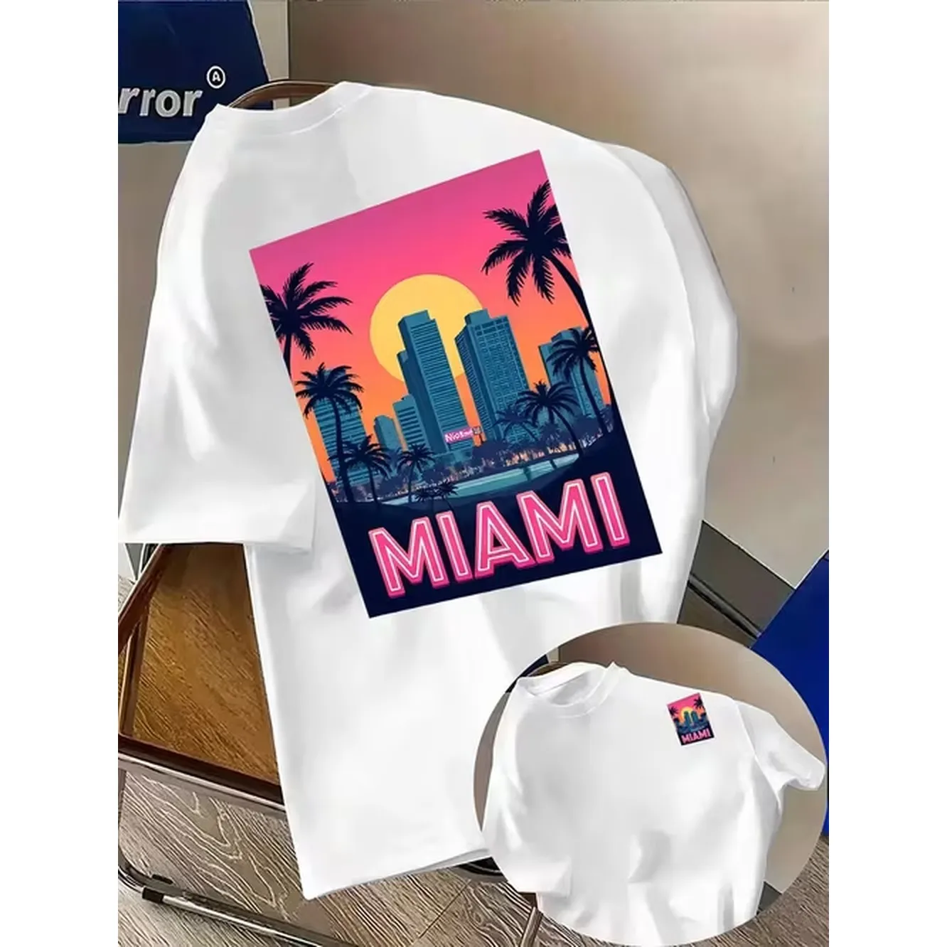 Mens casual miami pattern t shirt trendy double sided print lightweight stretch regular for casual wear essential for