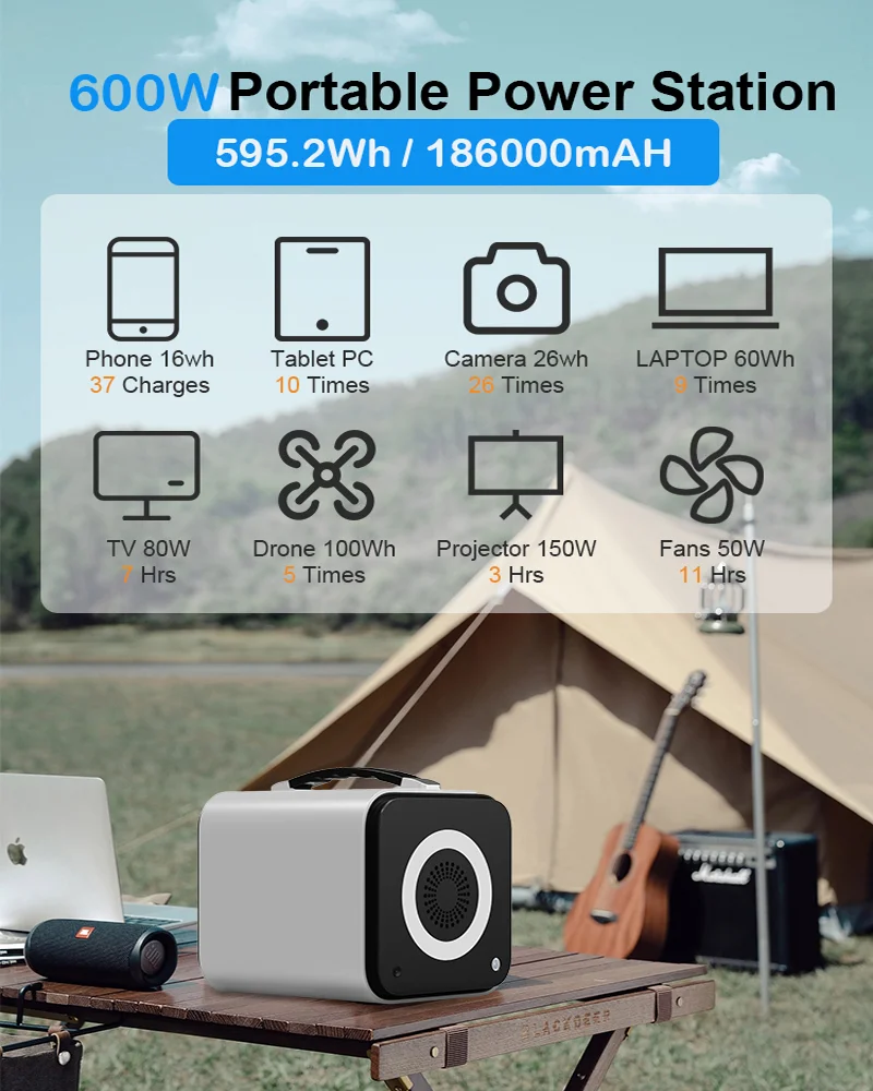 Fuente de alimentación de 300W/500W/1000W/2000W, salida de CA, batería Lifepo4 para acampar al aire libre, onda sinusoidal pura, iluminación Led