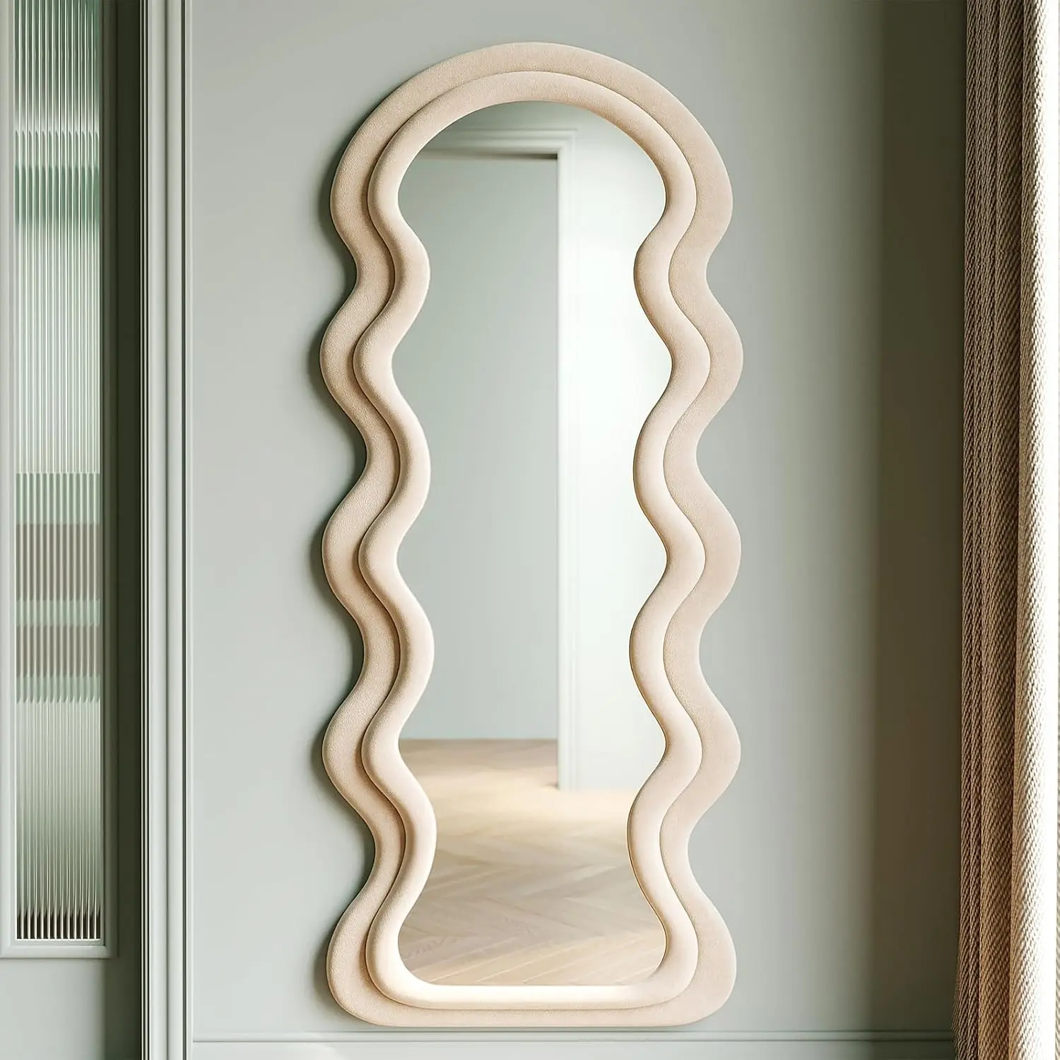 Full Length Mirror 160x60cm,Irregular Wavy Mirrors,Arch Floor Standing Mirrors for Bedroom,Living room,Flannel Wrapped+Wooden