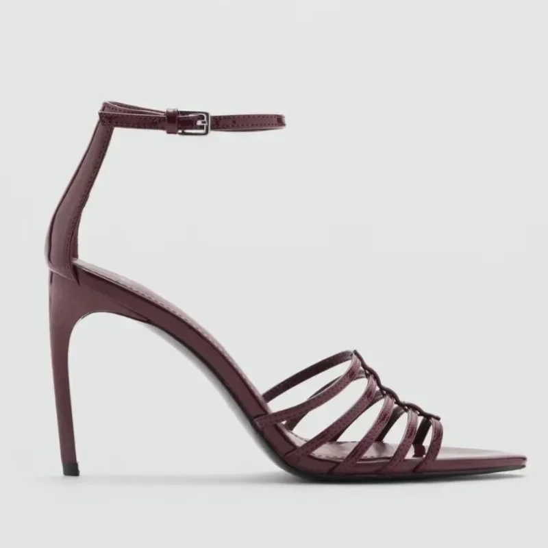 Sexy Burgundy Narrow Band High Heel Sandals Women Fashion Ankle Strap Buckle Thin Heel Designer Shoes Elegant Zapatos De Mujer