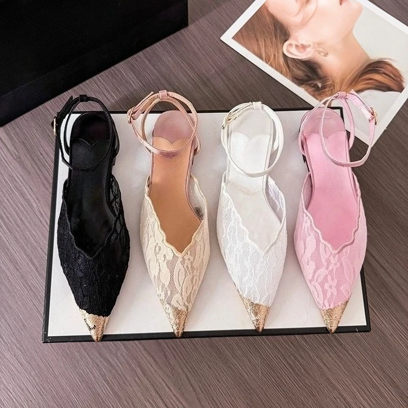 

2026 Summer New Women's Lace & Metallic Patchwork Single Strap Sandals Pointed Toe Closed Toe Stiletto Heels Elegant Party Shoes