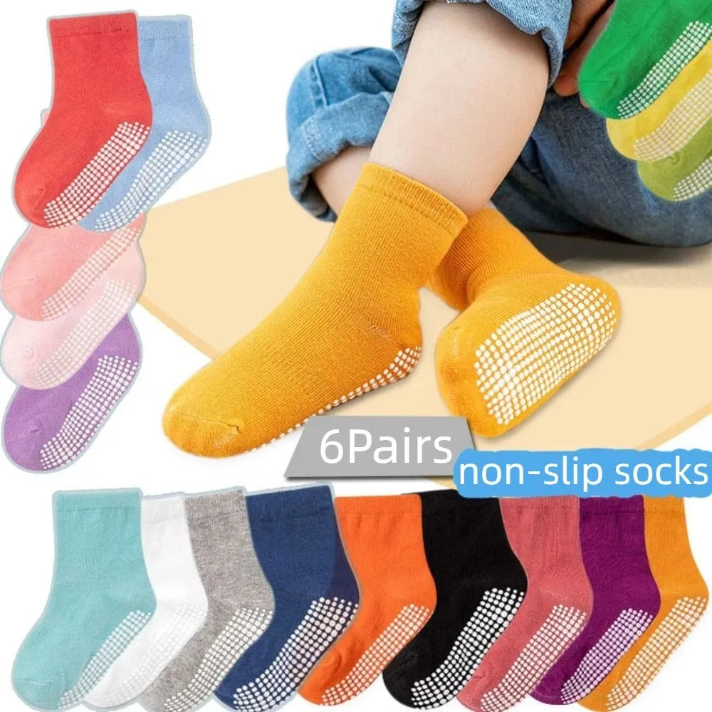 

6Pairs Dispensing Baby Cotton Socks Non-slip Solid Color Toddle Short Tube Socks Breathable Autumn Spring Infant Socks Children