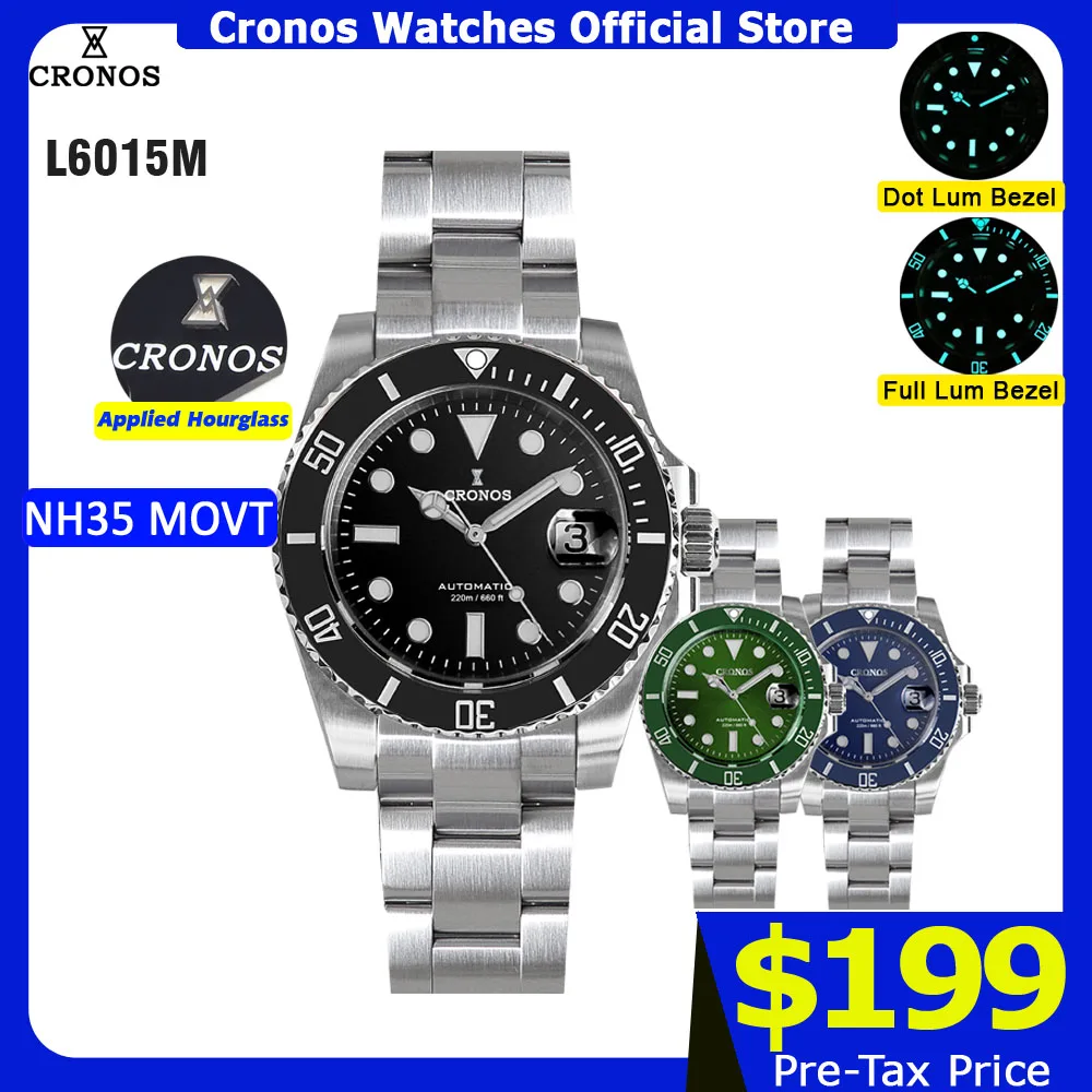 

Мужские часы Cronos Sub Diver из нержавеющей стали NH35 с матовым браслетом и керамическим безелем, водонепроницаемость 200 метров, L6015M