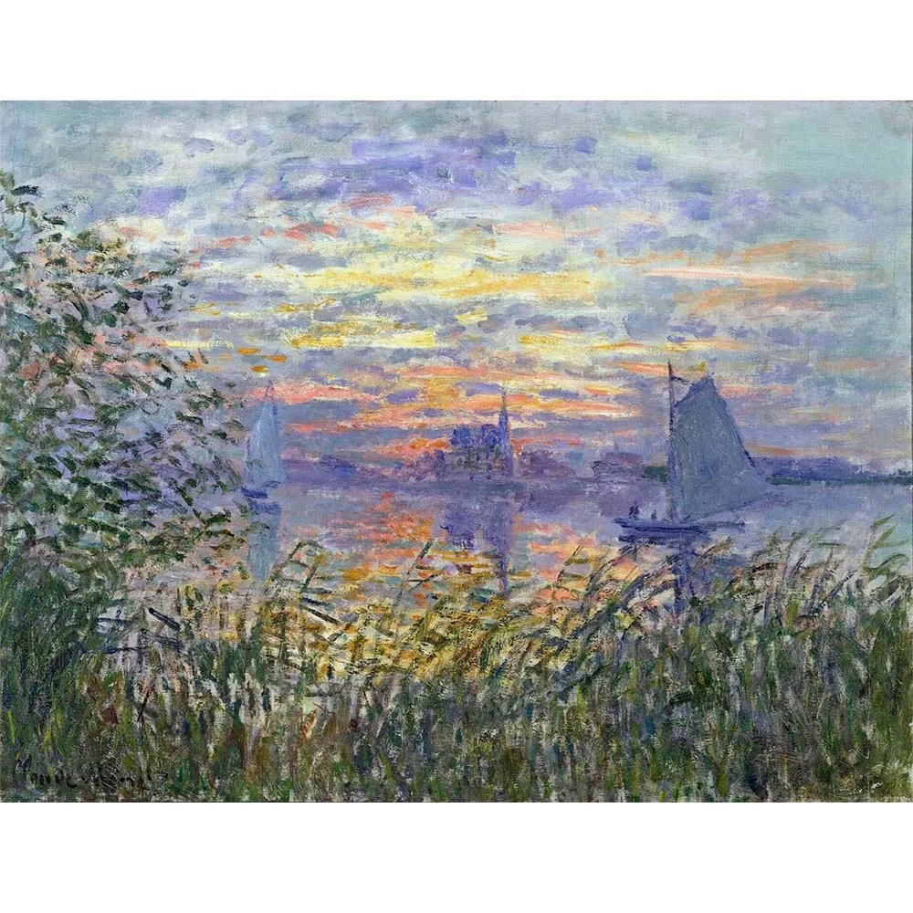 

Sunset on the Siene by Claude Monet Hand Painted Impressionist landscape Oil Painting on Canvas Wall Picture for Living Room