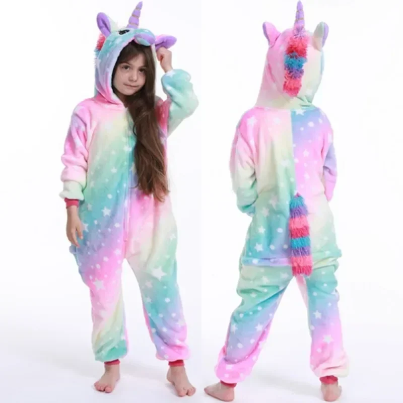 4 8 10 12 14 16 Years Girls Purple Pink Jumpsuits Unicorn Pajamas Kigurumi Toddler Kids Hooded Flannel Home Wear Children Onesie