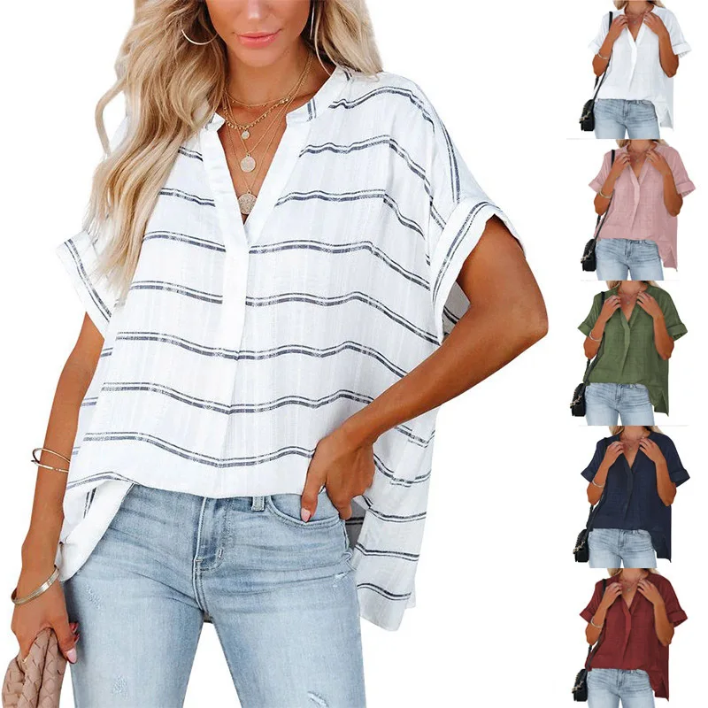 Women's Clothing 2025 Amazon Summer New Short-sleeved Thin V-neck Pullover, Loose Shirt Women's Cw04203