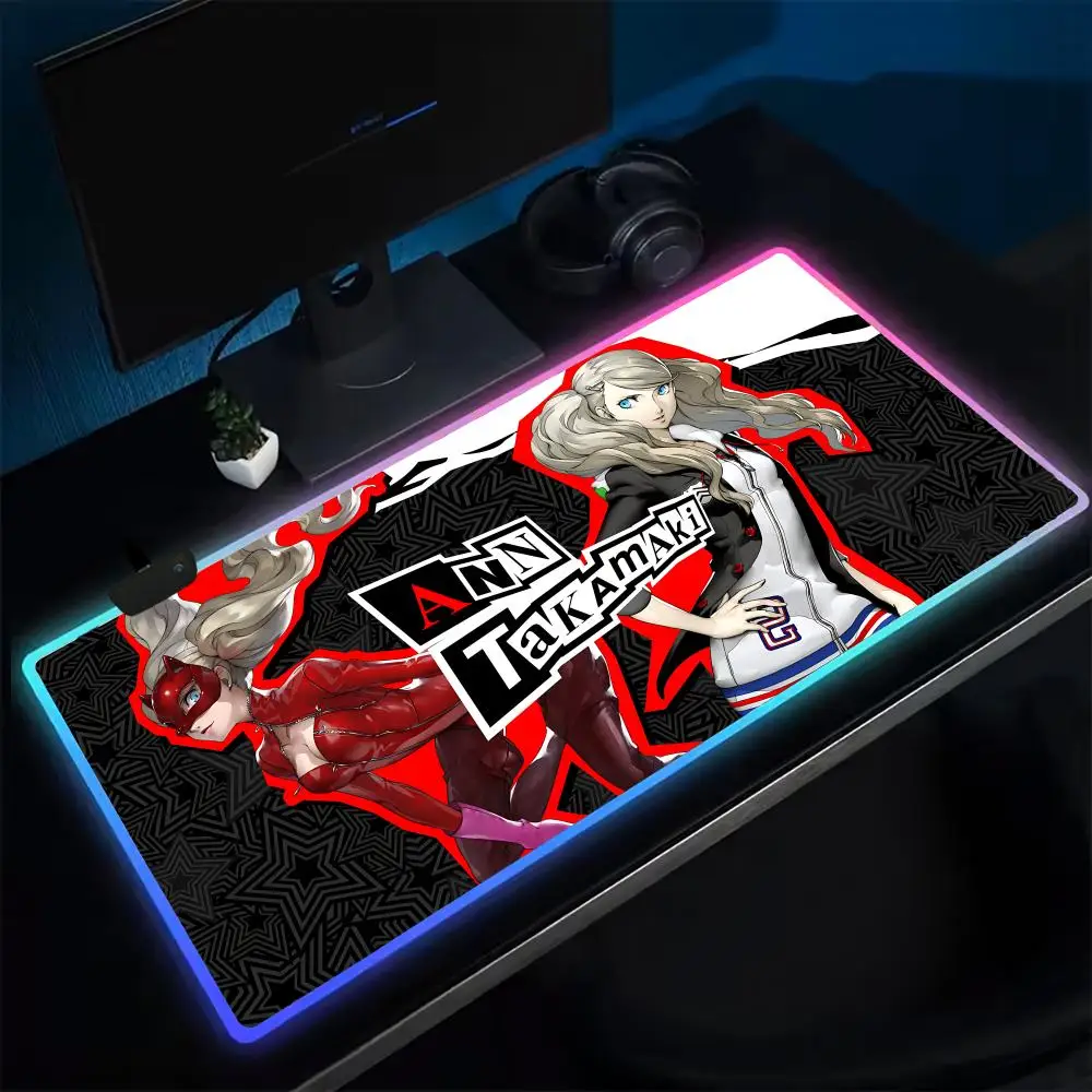 Ann P-Persona 5 Mouse Pad Anime Gaming Mouse Pad LED Table Pads Backlit Rubber Desktop XXL Mousepad RGB Desk Mats