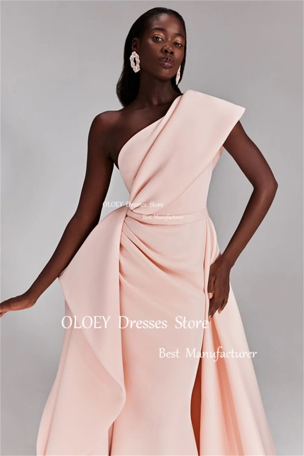 OLOEY One Shoulder Long Straight Prom Dress Light Pink Women Wedding Party Dress Photoshoot Pleats Satin Customized