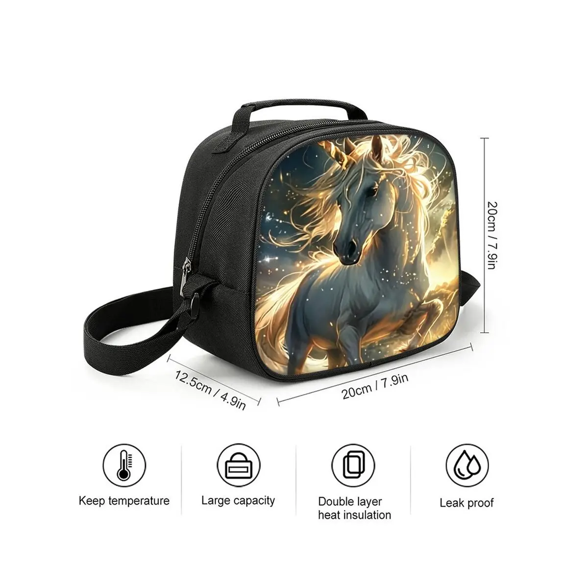 Cattle Horses Shoulder Strap Circular Cat Lunch Bag for Boy/Girls Best Gifts 2D Cartoon School Bento Lunch Box Bag for Children