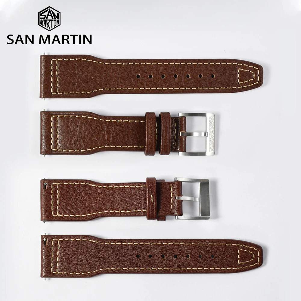 San Martin Pilot Horween Cowhide Leather Watchband 20mm 22mm Watch Belt For Men Straps Quick Release Spring Bar Retro Pin Buckle