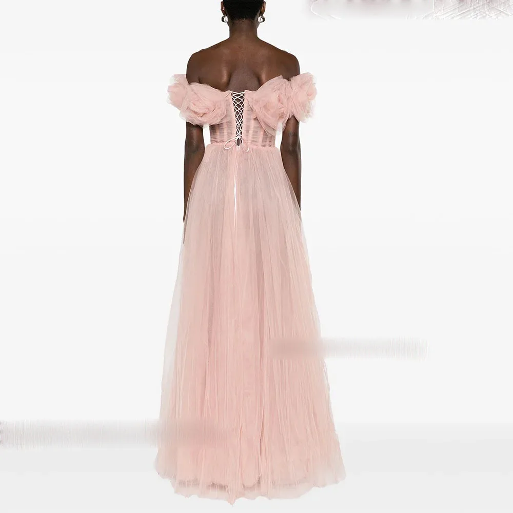 Tulle Evening Dress For Sexy Women Vestidos de festa Fashion A-Line Off The Shoulder Beauty Flowers Cocktail Prom Gown