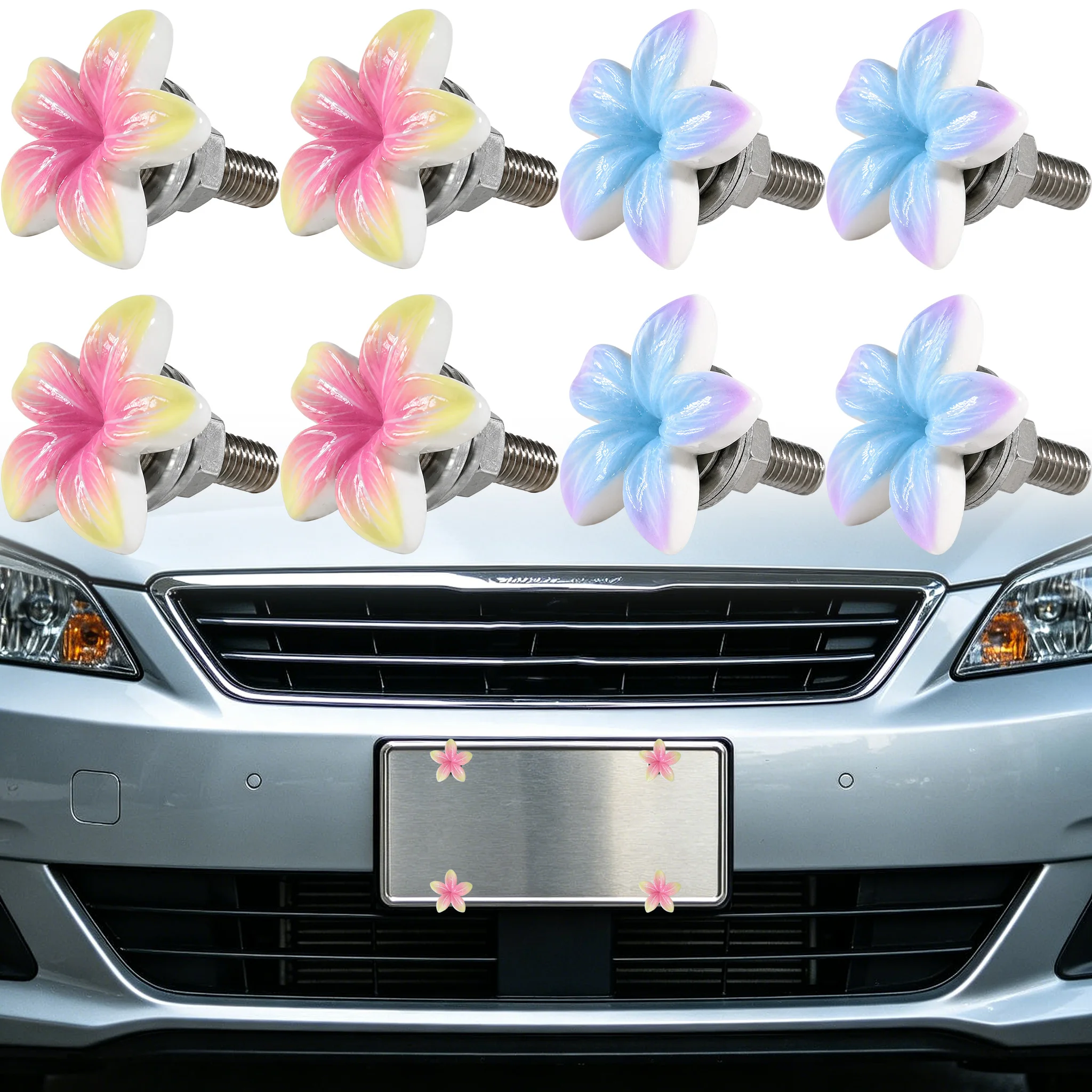 

4PCS Plumeria Flower License Plate Screws, 3D Decorative Car Plate Bolts, Cute Fasteners for Cars SUVs, Car Accessories