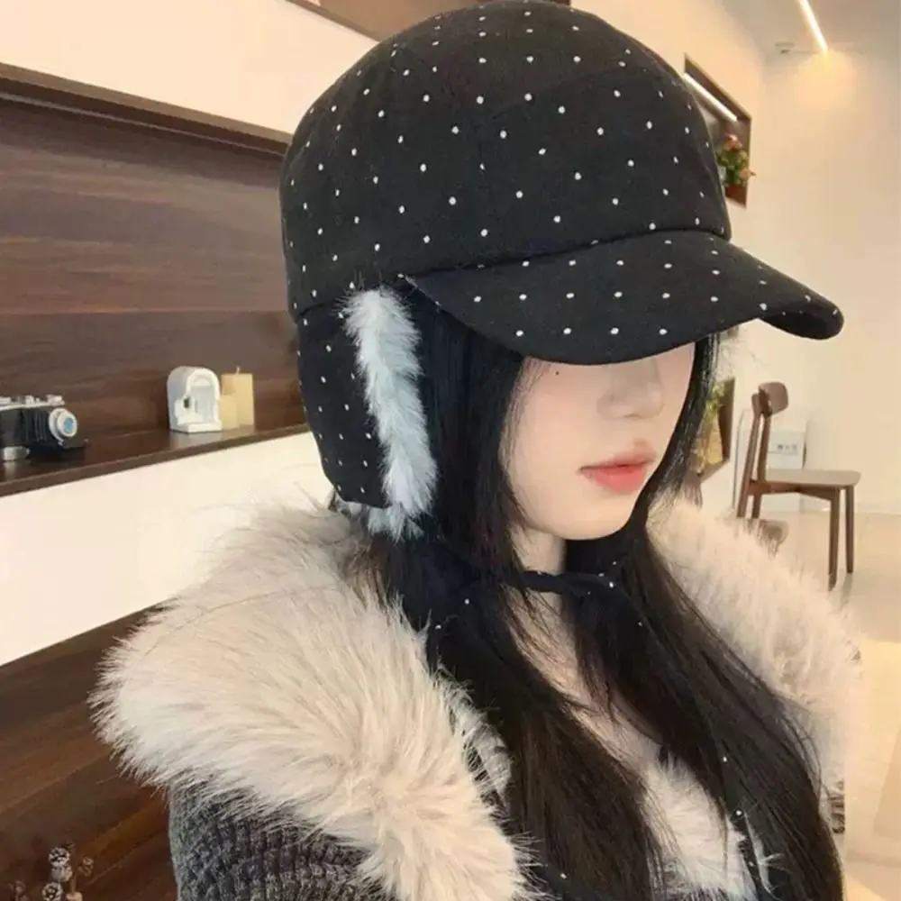 

Sweet Warm Plush Baseball Cap Wool Cute Ear Protection Hat Retro Bear Polka Dot Lei Feng Hat Outdoor