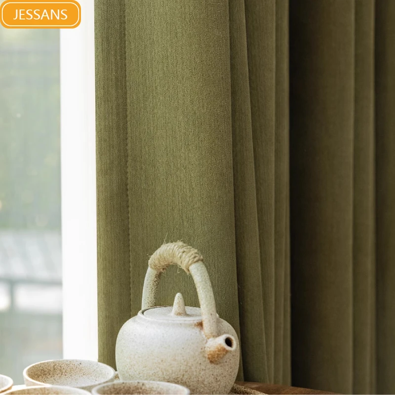 

Custom Retro Olive Green Jacquard Velvet Thickened Blackout Curtains for Living Room Bedroom French Window Balcony Partition