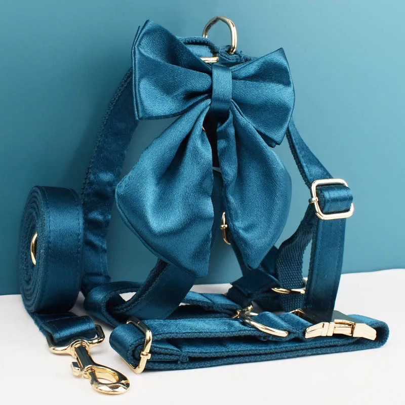 Custom Design Logo Silky Polyester Personalized Adjustable Dog Accessories Collar Leashes Harness Dog Collar Bow tie Crystal03