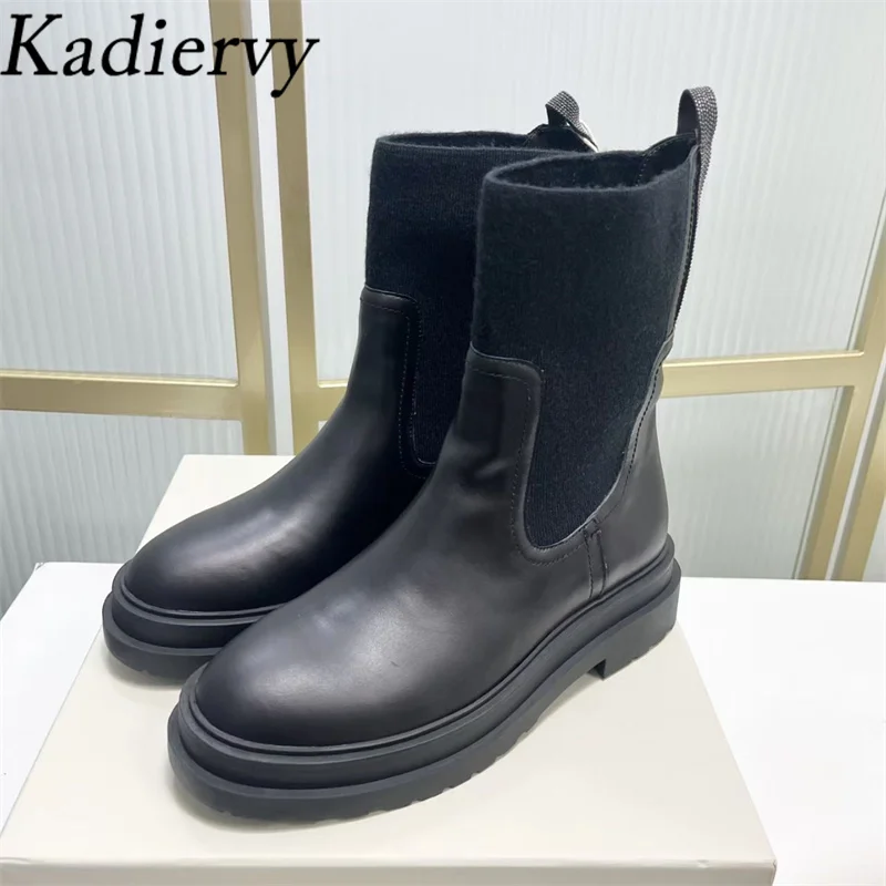 

Classics Suede Leather Short Boots Women Round Toe Slip-on Thick Sole Ankle Boots Flat Shoes Woman String Bead Black Boots Woman